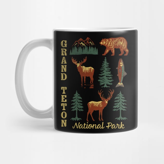 Grand Teton National Park Distressed Mountain Trees Moose Bear Fish DeerSouvenir by Pine Hill Goods